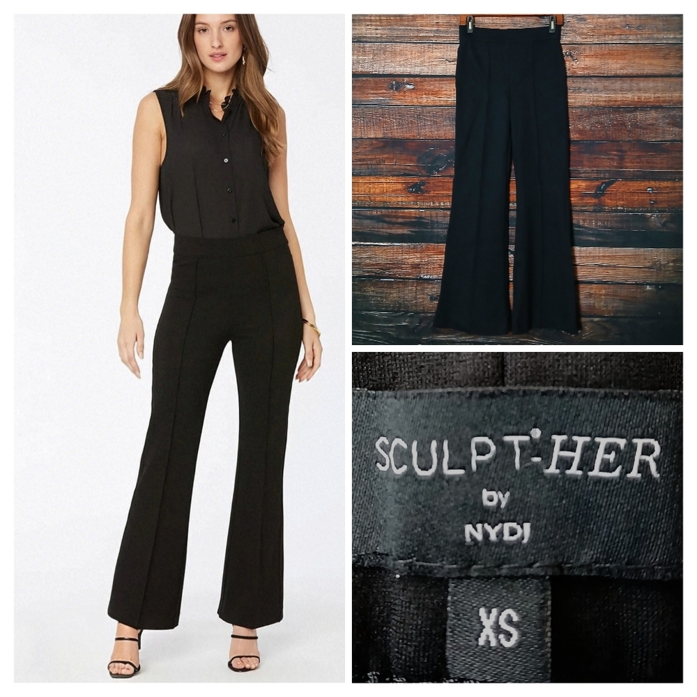 NYDJ SCULPT-HER Pants XS Pull On Flared Leg Black Ponte Stretch Seamed High Rise